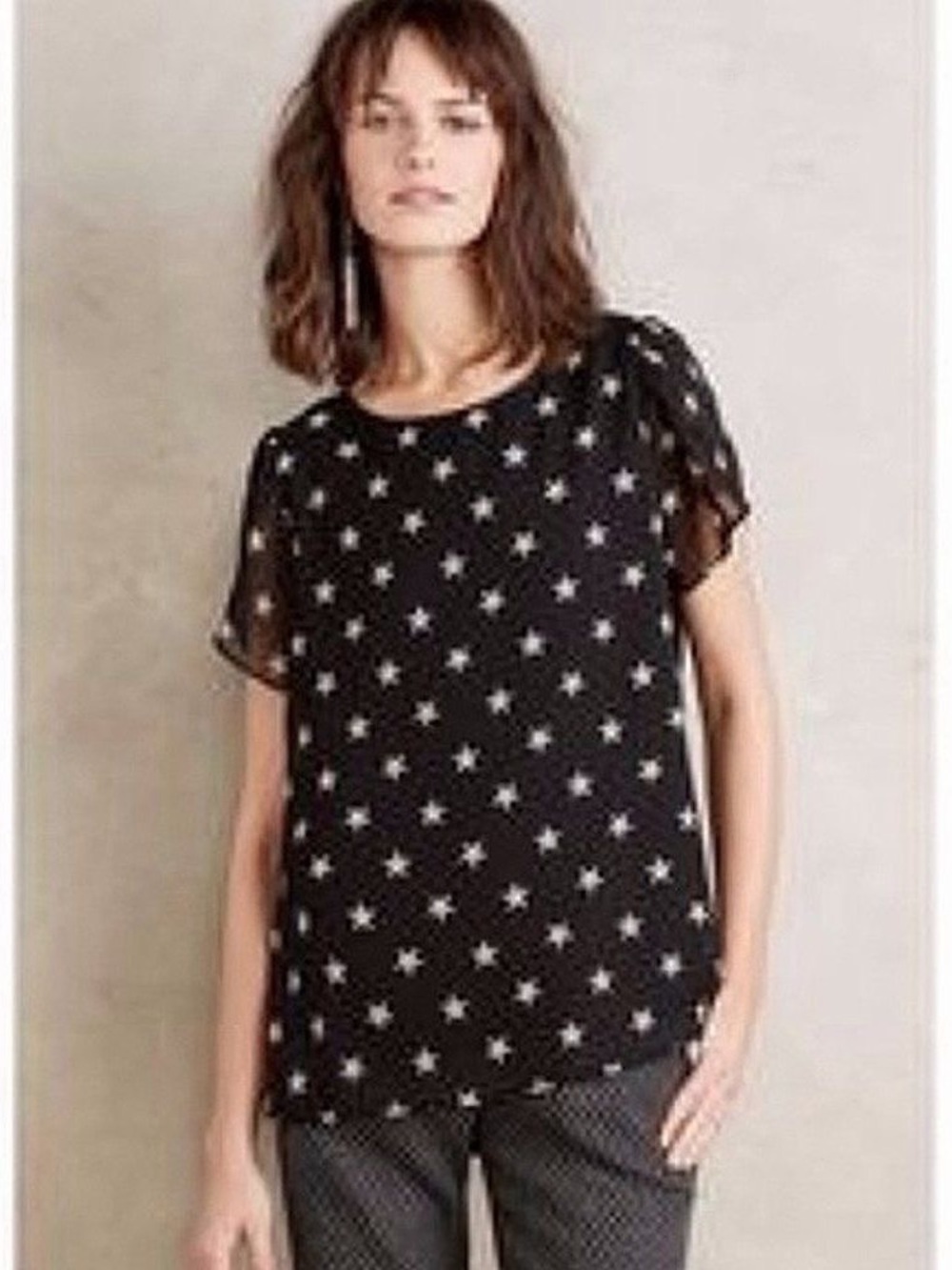 Anthropologie Black Starprint Short Sleeve Blouse